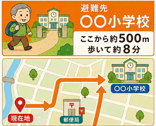 避難先は〇〇小学校。ここから約500メートル、歩いて約8分。現在地から〇〇小学校までの道順の地図。